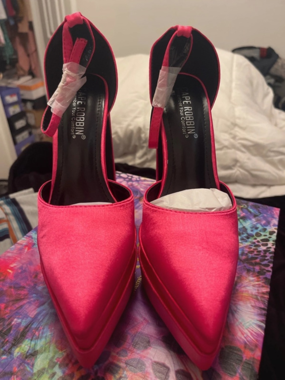 Pink satin chunky heels